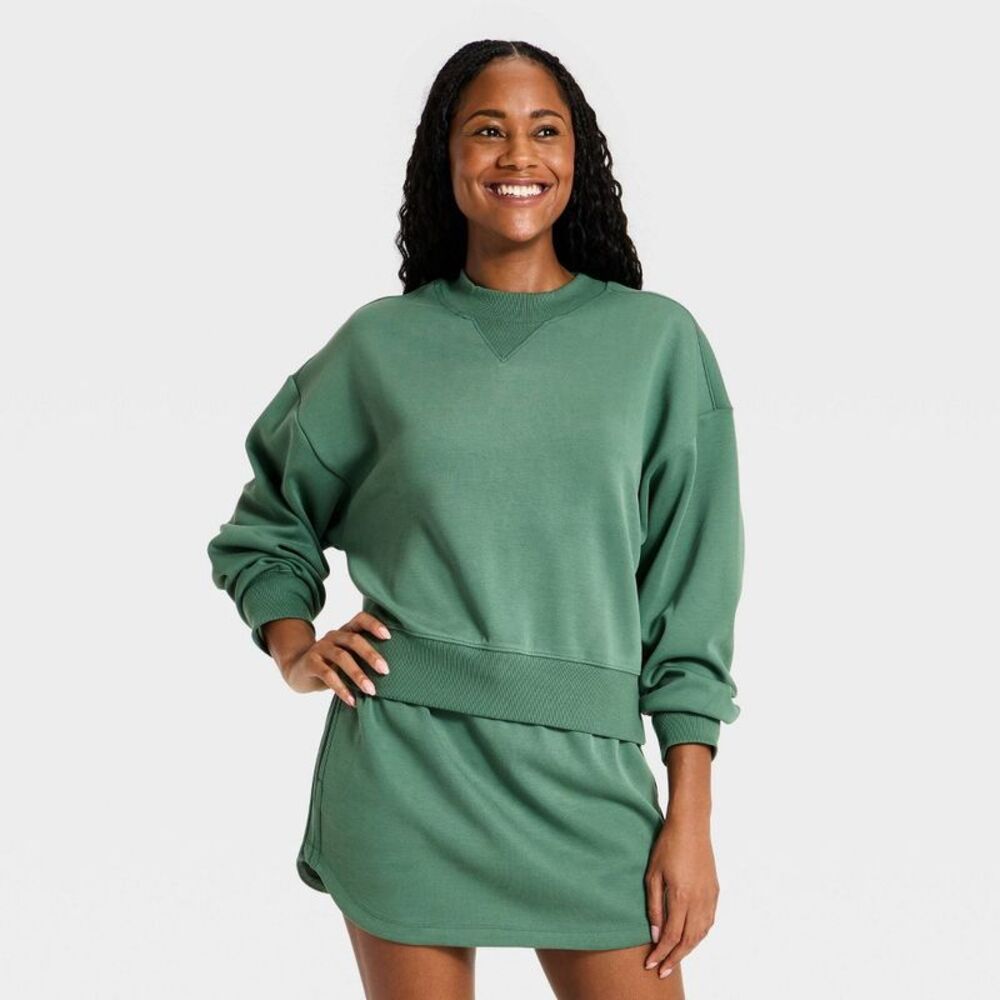 Women's Airy Sleek Pique Crewneck Sweatshirt - All In Motion Dark Green XS